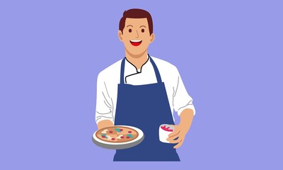 Illustration of a Cheerful Chef. Cook and Holding a Tray with Pizza