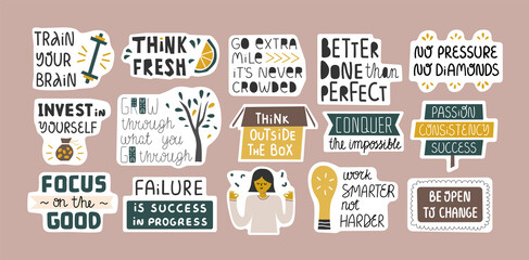 Set of cute inspirational quotes in stickers.
