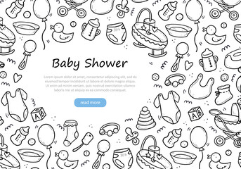 Fototapeta premium Hand drawn banner of baby shower things, toy, rattle, milk bootle, clothes. Doodle sketch style. Baby element drawn by digital pen. Illustration for banner, background design template.