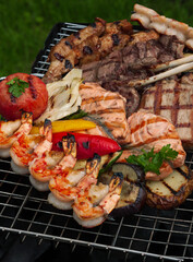 Cold cuts, prawns and fish cooked on the grill with a grill rack