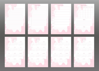 2022 2023 2024 2025 calendar and daily weekly monthly personal planner. Light pink abstract spots and dots, delicate feminine style. Week starts on sunday