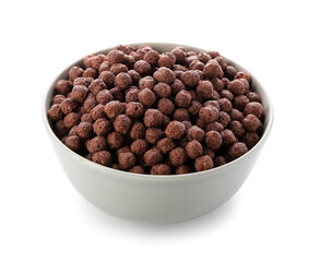 Bowl with chocolate corn balls on white background