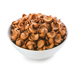 Bowl with tasty cornflakes on white background