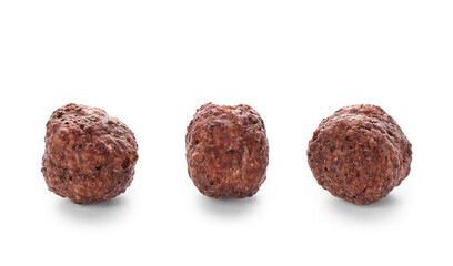 Tasty chocolate corn balls on white background