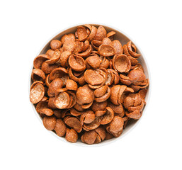Bowl with tasty cornflakes on white background