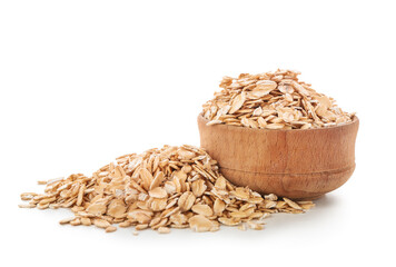 Bowl with raw oatmeal on white background