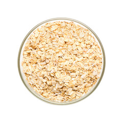 Bowl with raw oatmeal on white background