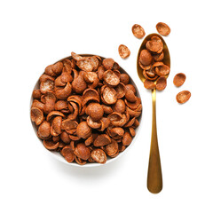 Bowl and spoon with cornflakes on white background