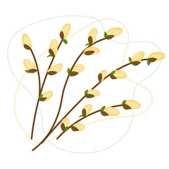 Spring branch of pussy-willow on a white background. Cartoon easter bouquet. Vector composition for the design of congratulations, cards for Palm Sunday.