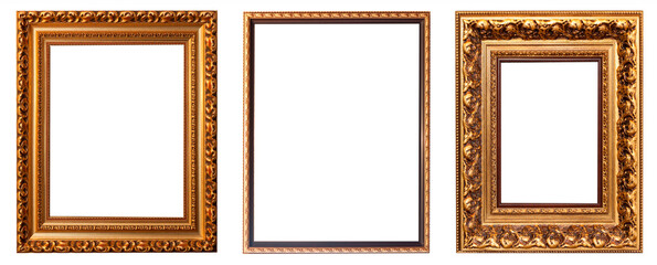 Set of gilded antique picture frames isolated on white background.