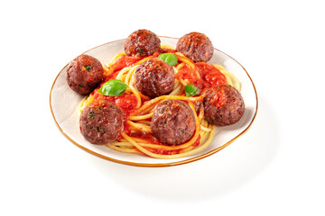 Meatballs with spaghetti, tomato sauce and basil, on a white background