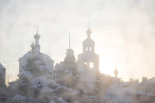 Bllured image of white orthodox church