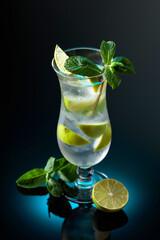 Mojito cocktail with ice, lime, and mint.