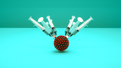 disposable syringes with a vaccine inject a coronavirus molecule. vaccination concept. pandemic covid-19. 3d render illustration