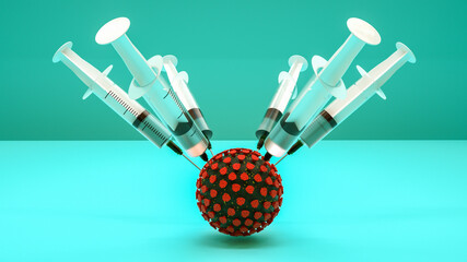 disposable syringes with a vaccine inject a coronavirus molecule. vaccination concept. pandemic covid-19. 3d render illustration