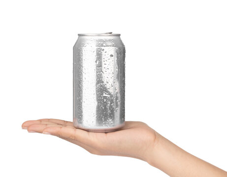 Hand Holding Beverage Tin Can With Water Drops Isolated On White Background