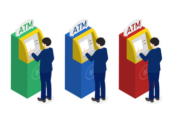 ATMを操作する日本人男性のイラスト素材