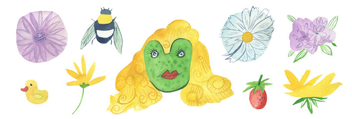 Watercolor set of green frogs with purple wings,forest plants.Fantastic collection of amphibians with rainbows,mushrooms,forget-me-nots,berries,stars,lilies hand painted on white isolated background.