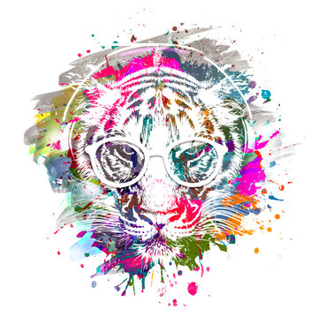 tiger in sunglasses in colorful paint splashes