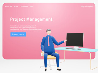 3d illustration cartoon Businessman with dedicated and hardworking, management - Web banner, start site page, infographics