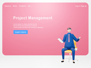 3d illustration cartoon Businessman with dedicated and hardworking, management - Web banner, start site page, infographics