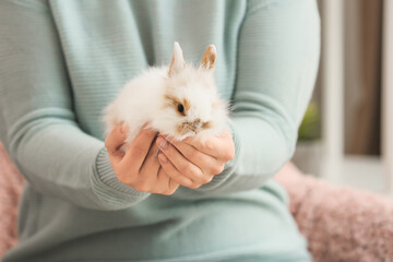 Woman with cute rabbit at home, closeup