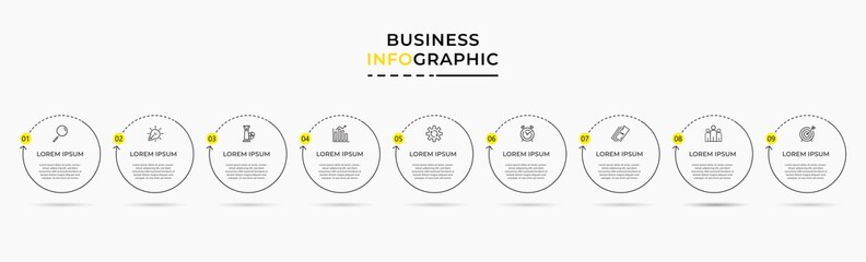 Minimal Business Infographics template. Timeline with 9 nine steps, options and marketing icons .Vector linear infographic with two circle conected elements. Can be use for presentation. Eps10 vector