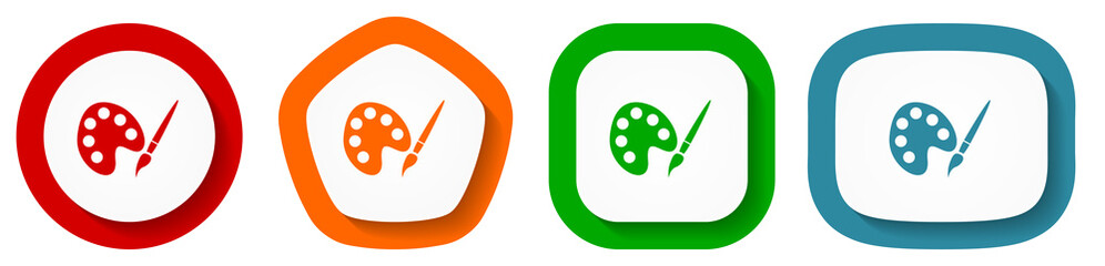 Paint brush, palette, art vector icon set, flat design buttons on white background for webdesign and mobile phone applications