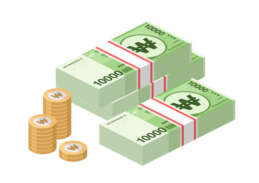 Isometric stacks of South Korean won banknones. Paper money 10000 KRW. Official currency cash. Flat style. Simple minimal design. Vector illustration.