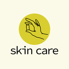 Skin care emblem with human hand hold small can of treatment product, oil, serum icon concept isolated. Vector line art hand drawn illustration. For brand insignia, banner, advertisement, packaging.