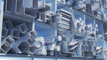 Metal profiles of different kinds are located in the metal products warehouse