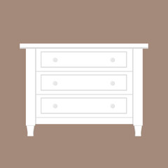 White wooden chest of drawers. Piece of bedroom furniture.