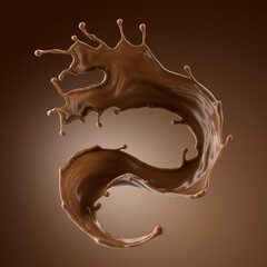 3d render, chocolate splash, cacao drink or coffee, splashing cooking ingredient. Abstract wavy dynamic liquid. Brown beverage clip art isolated on brown background
