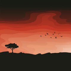 Fototapeta na wymiar Tree and Flock of Birds Silhouette Against Orange Sunset Digital Illustration