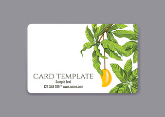 Plastic debit or credit, pass, discount, membership card template with tropical plants in natural color on white background. Vector illustration.