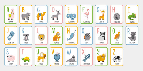 Alphabet flashcards with animals for preschool learning. English letters for kids. Cartoon style ABC vector cards. © Maria
