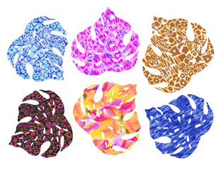 Monstera tropical leaves are bold creative color. Watercolor texture. Set isolated on white. 