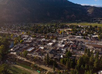 USA Washington state city in the mountains at sunset, top view