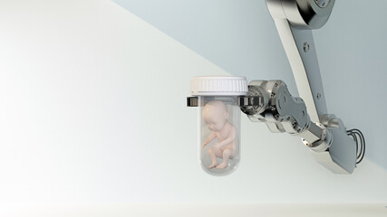 robotic arm holds a flask with an embryo