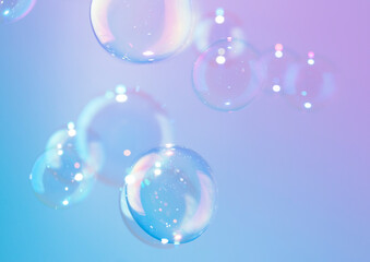 Beautiful shine bright of colorful soap bubbles float background. 