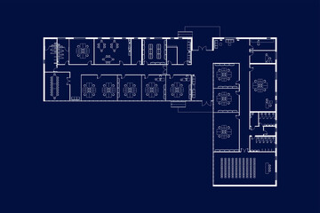 Modern office interior with furniture. Vector blueprint. Architectural background. 