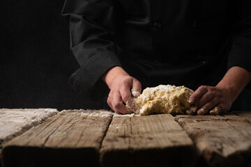 Chef Prepares Dough Dark Wooden Background Cooking Baking Pizza Dough Bread Pasta Food Concept