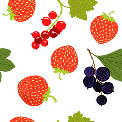 Garden berries seamless pattern with black currant red currant, strawberries. Vector illustration.