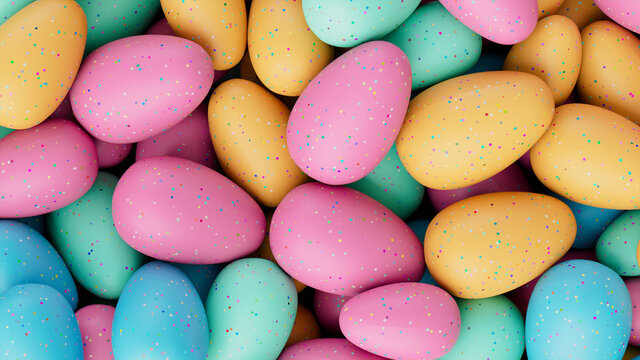 Multicolored Easter Egg background. Beautiful Easter Wallpaper with, speckled Orange, Pink and Turquoise Eggs. 3D Render 