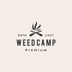 cannabis fire wood cross weed camp hipster vintage logo vector icon illustration