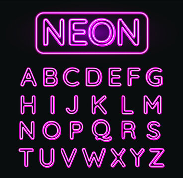Neon pink font vector illustration. Pink neon light letters. Glowing alphabets.