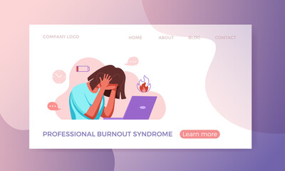 Professional burnout syndrome exhausted woman tired sitting at her workplace in office holding her head