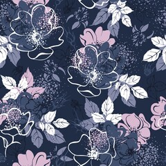 Seamless pattern with flowers, leaves, rosehip buds on a dark gray background. Artistic graphics.