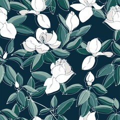 Seamless pattern with blooming magnolias. Beautiful white flowers on a green background.