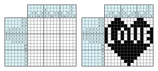 Fototapeta premium Japanese crossword puzzle. Kids and adult mathematical mosaic. Nonogram. Logic puzzle game. Digital rebus. Vector illustration